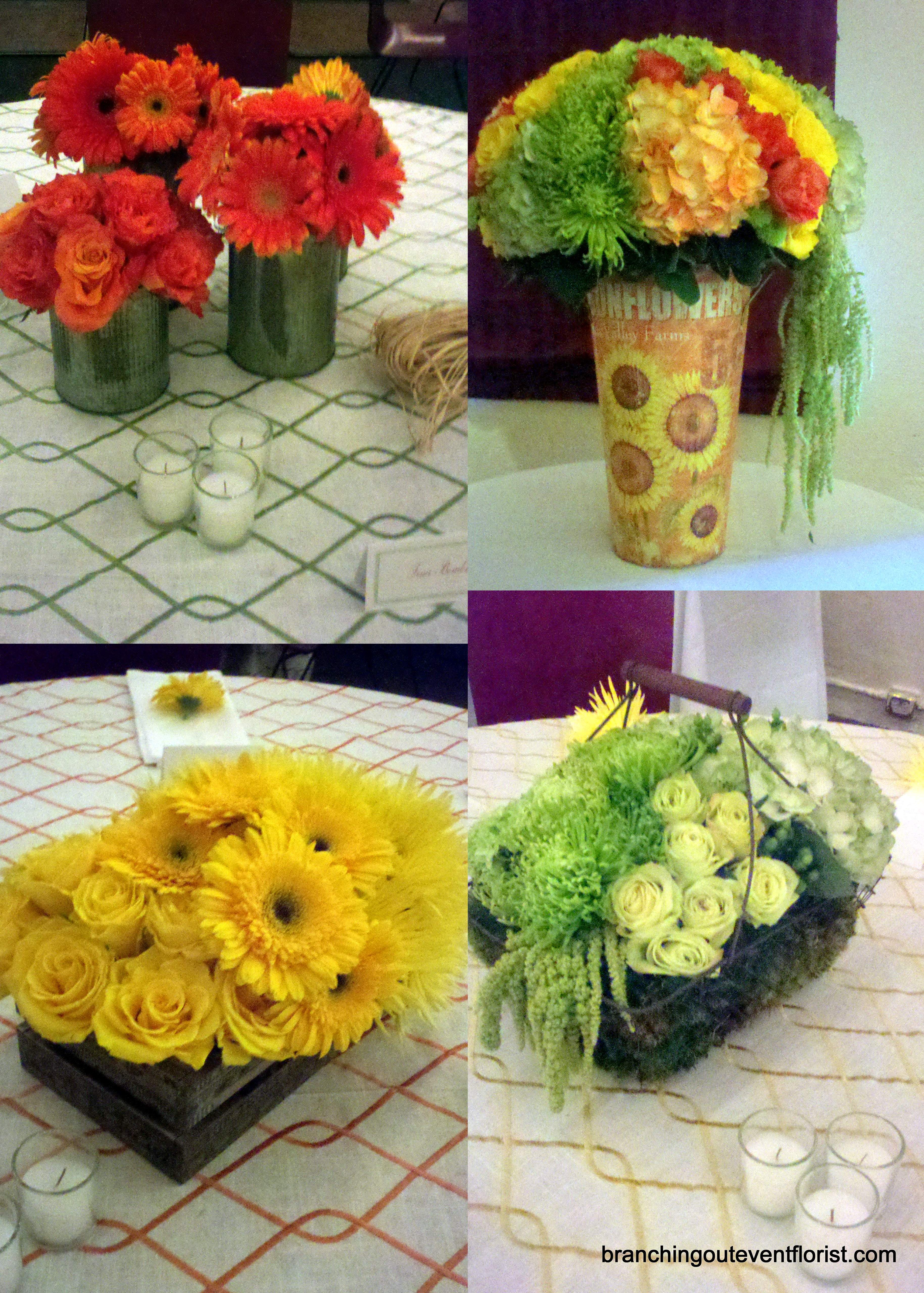 Bright summer flower centerpieces in vintage containers