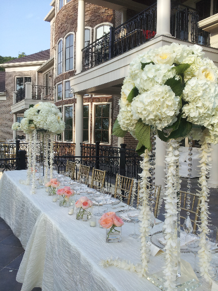 Crystal Pedestals and hydrangeas wedding centerpieces